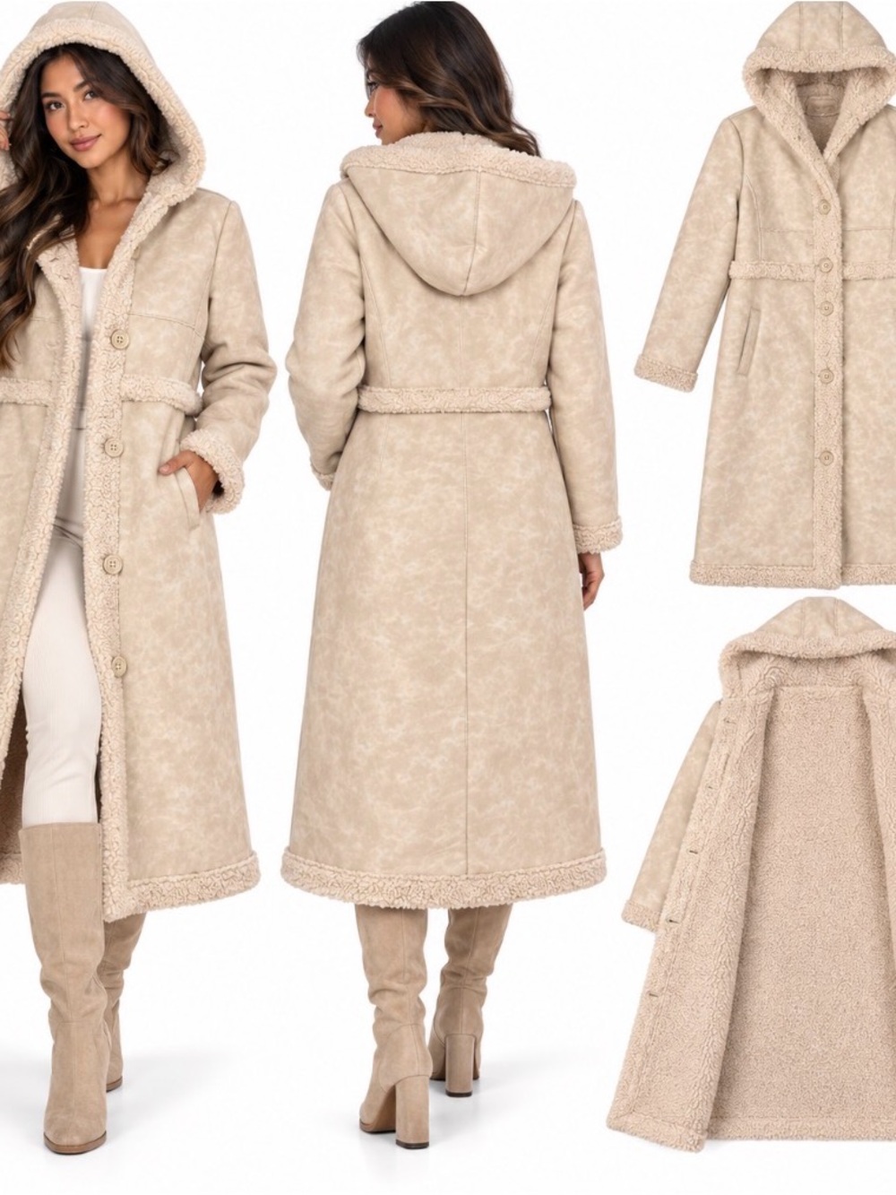 Faux Shearling Hooded Trench Coat in Cream